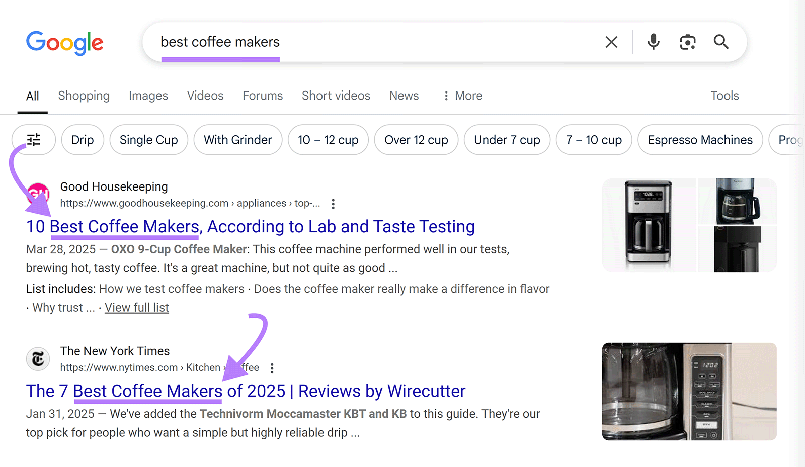 Google SERP for 'best coffee makers' with arrows pointing to exact match keyword in titles of top ranking results