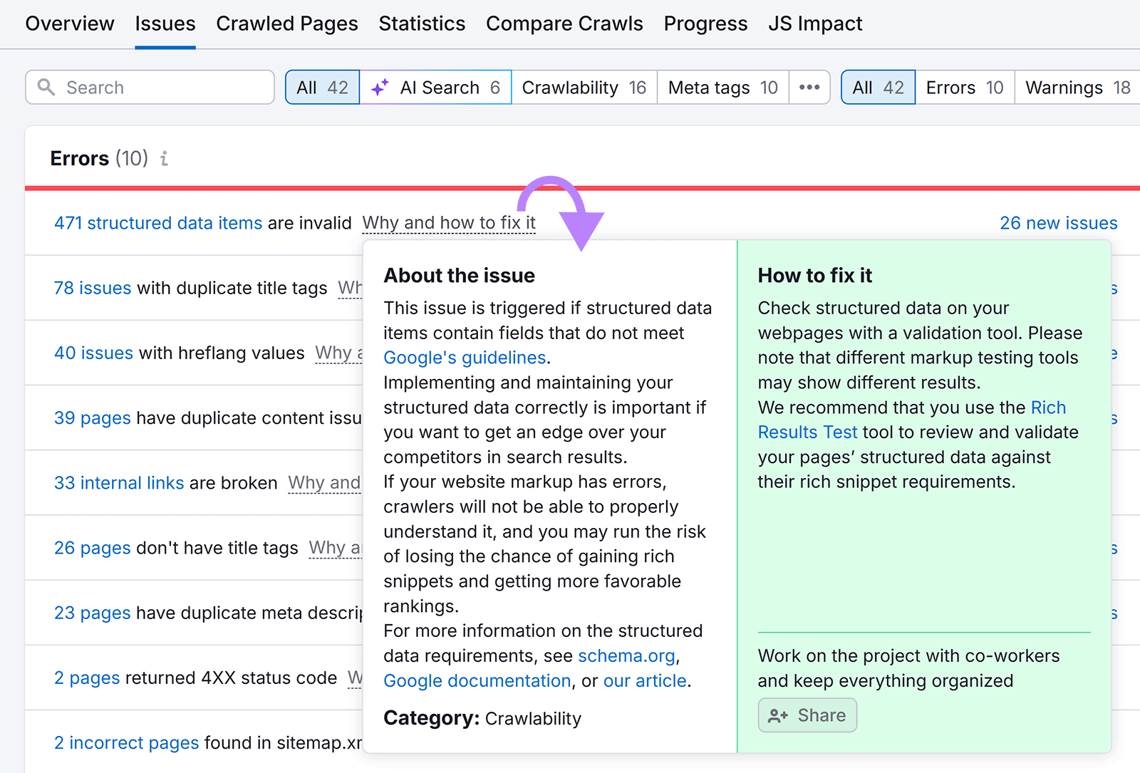 Pop-up explains structured data error with guidance on fixing it using validation tools.