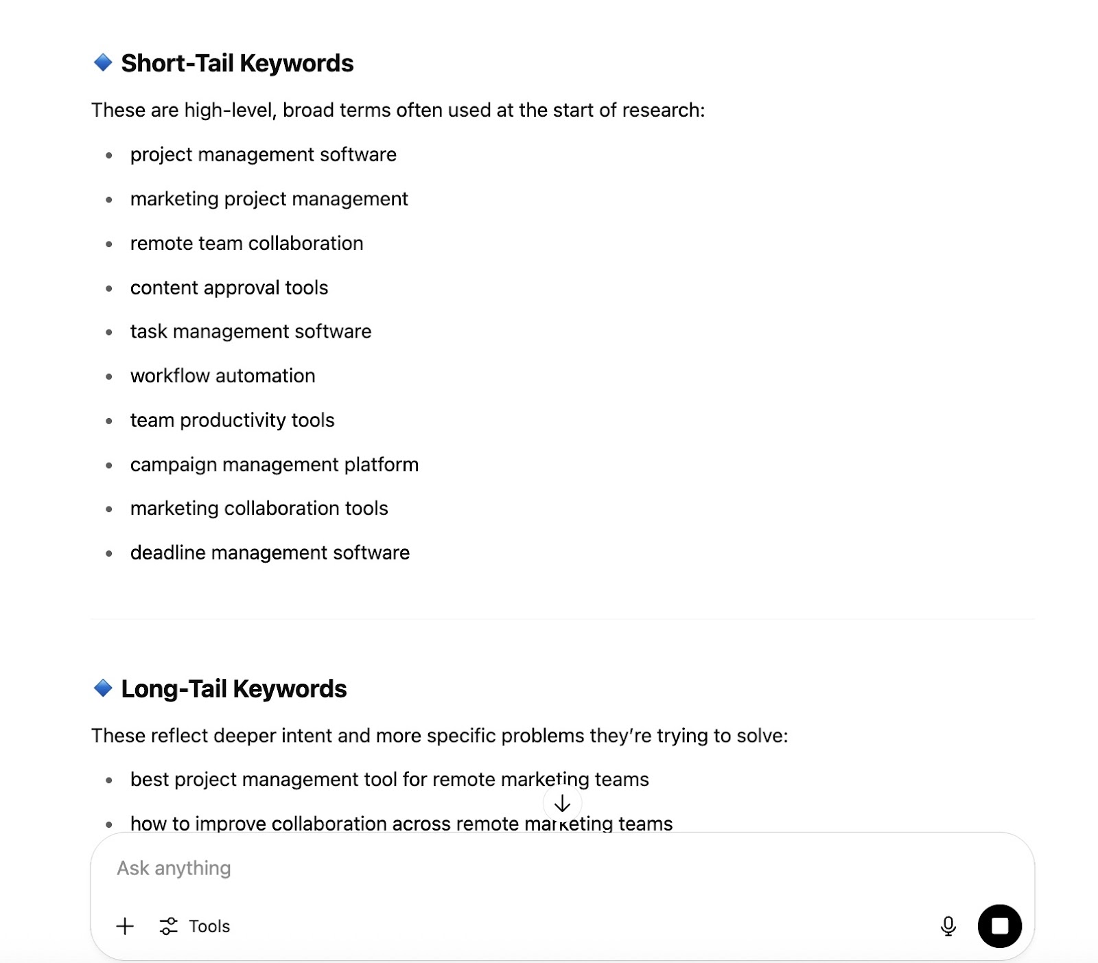 Short-tail and long-tail keyword ideas generated by ChatGPT based on a prompt.