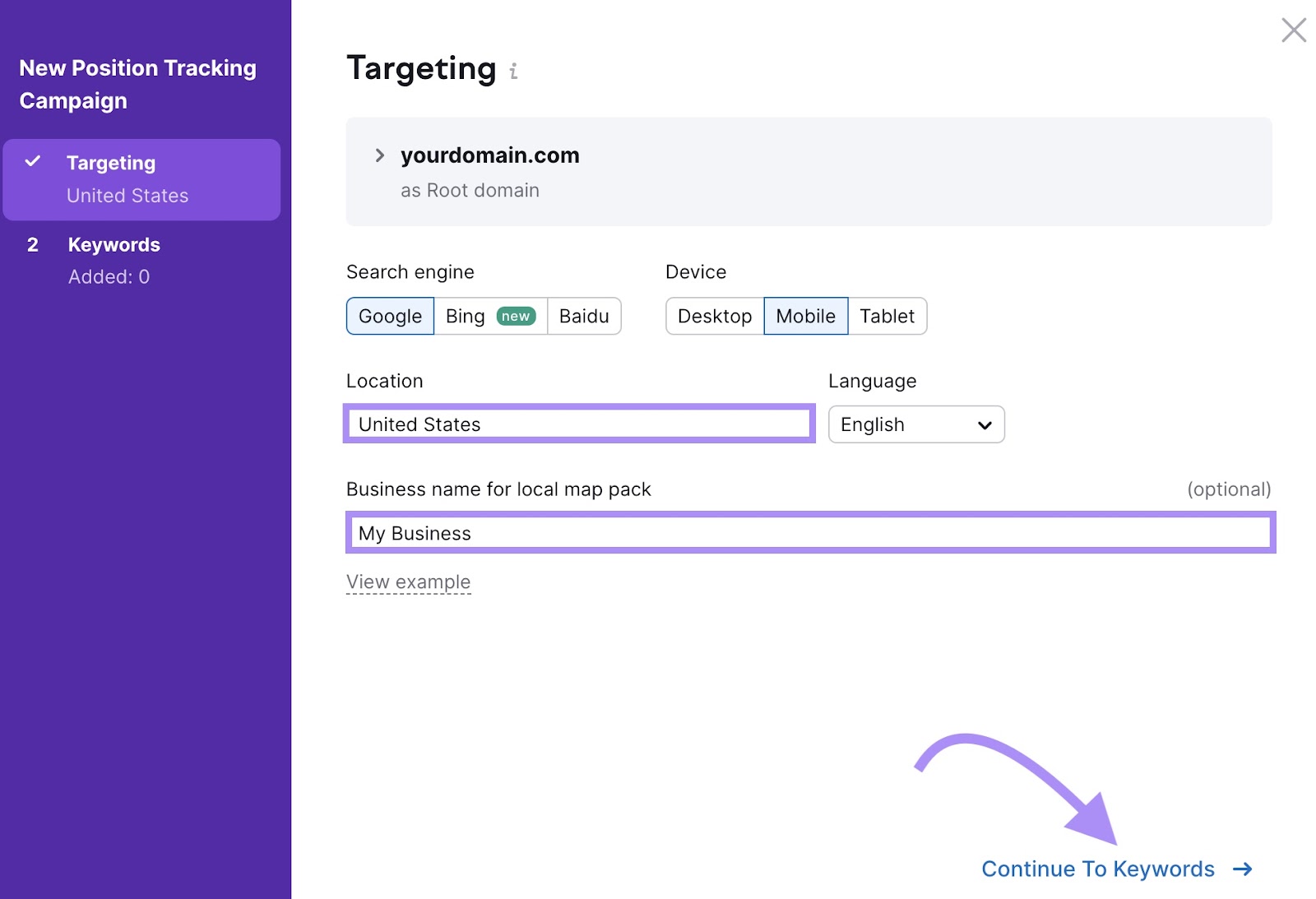 "Targeting" window in Position Tracking tool settings