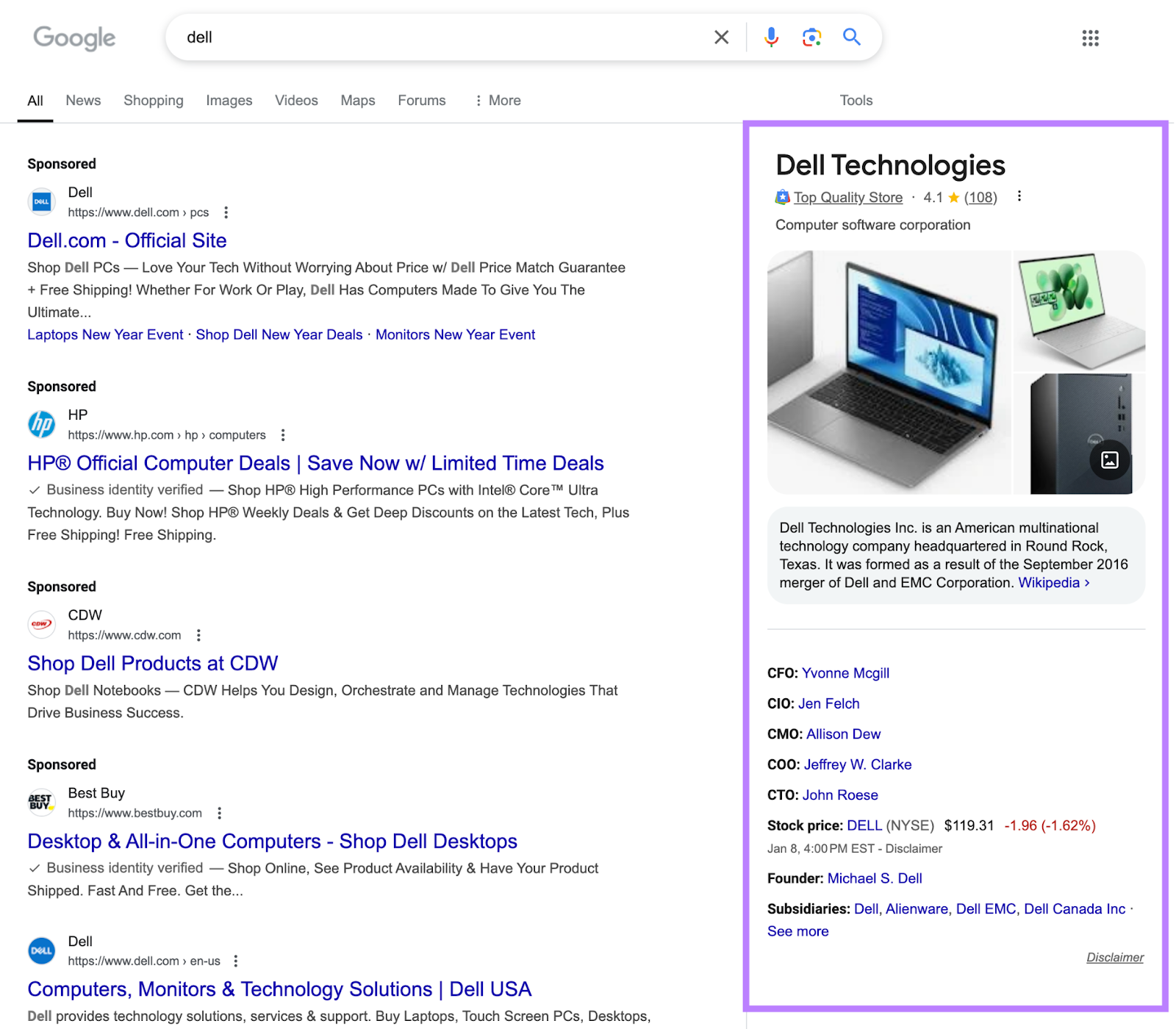 The knowledge panel for Dell appears on the right hand side of the SERP.