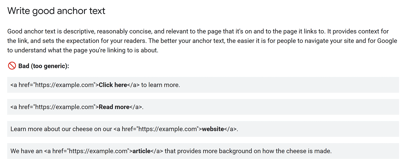 Example of good and bad anchor text showing why generic phrases like âClick hereâ are not SEO-friendly.