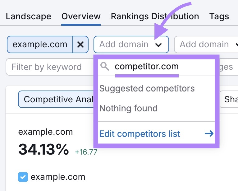 Adding a competitor's domain on the Overview report of the Position Tracking tool.