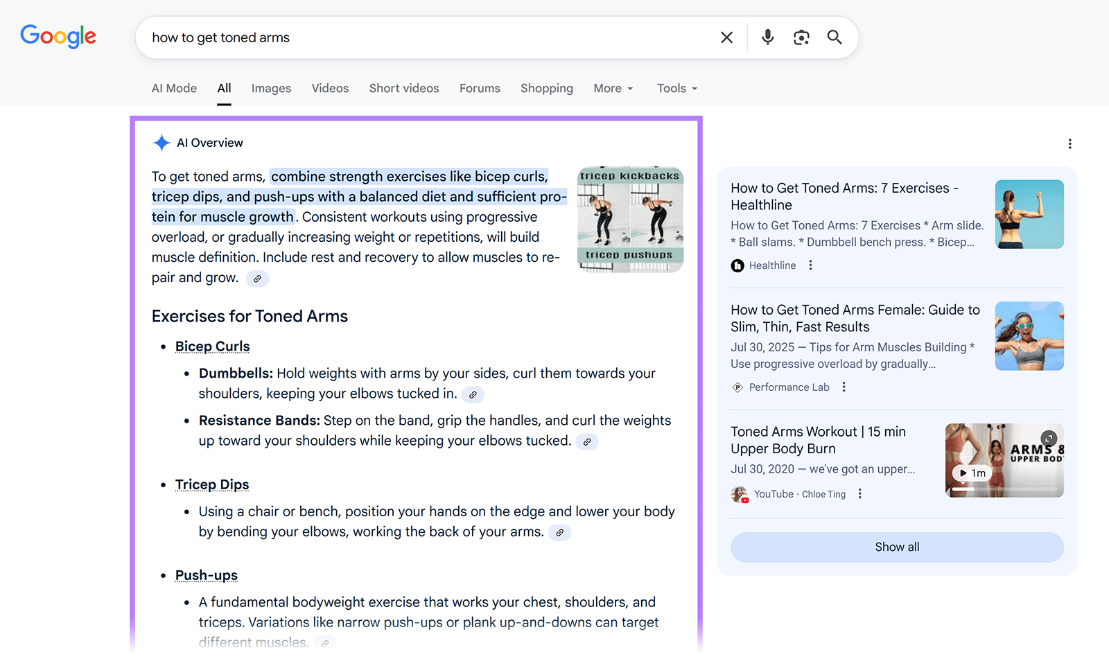 Google search result with AI Overview showing exercises for toned arms, with highlighted text and example image.