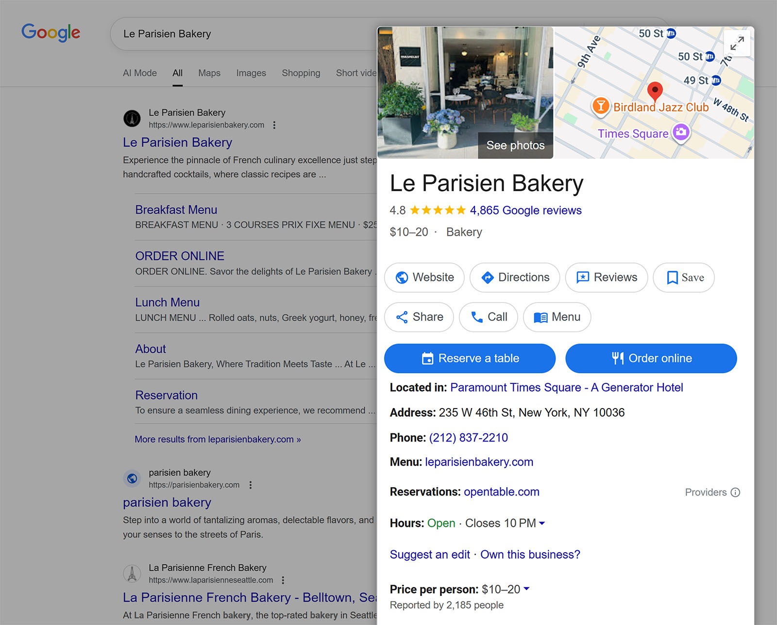 Google search result for Le Parisien Bakery showing business profile with reviews, location, and contact info.