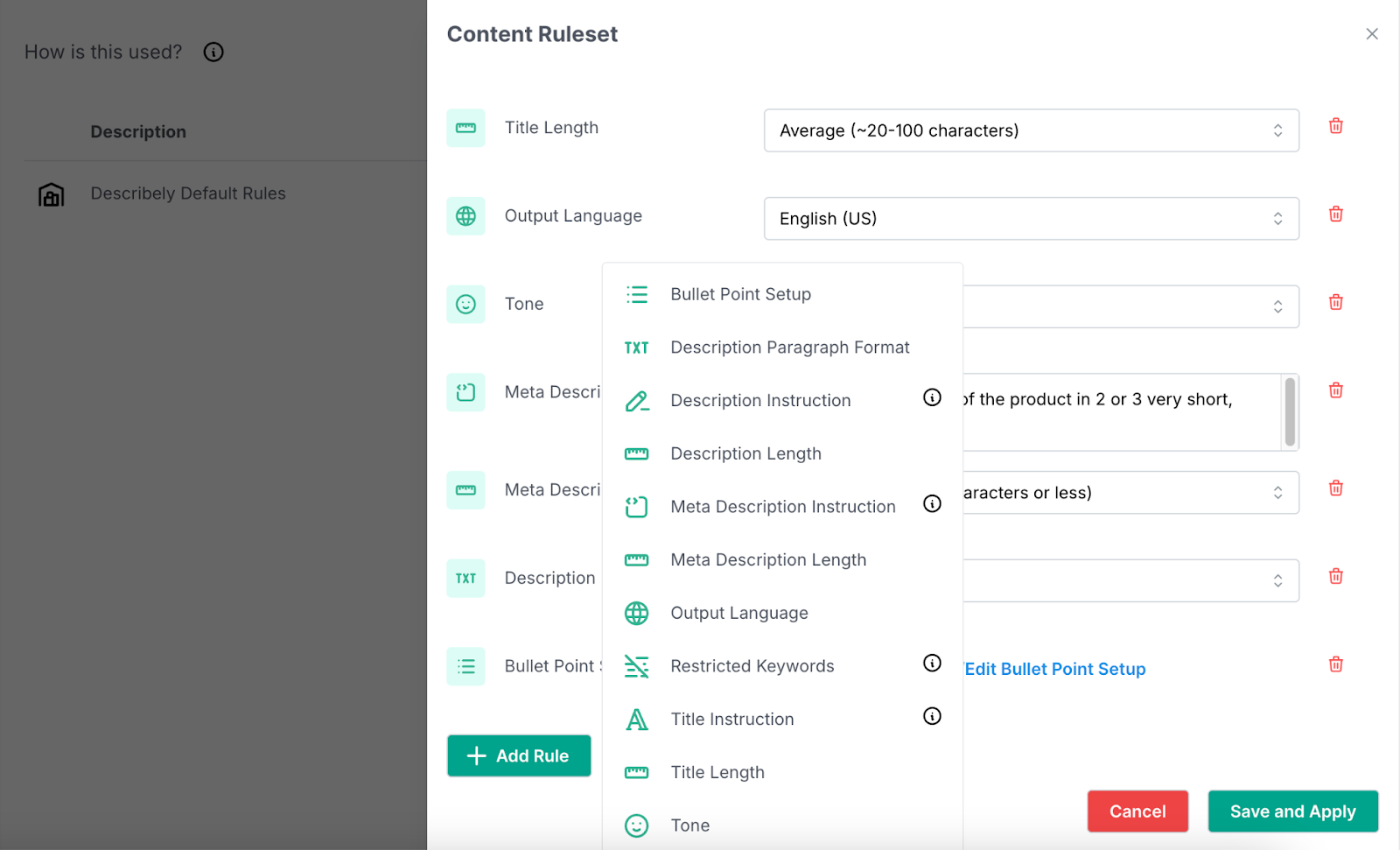 Ruleset for copy includes title length, tone, format, language, and more.