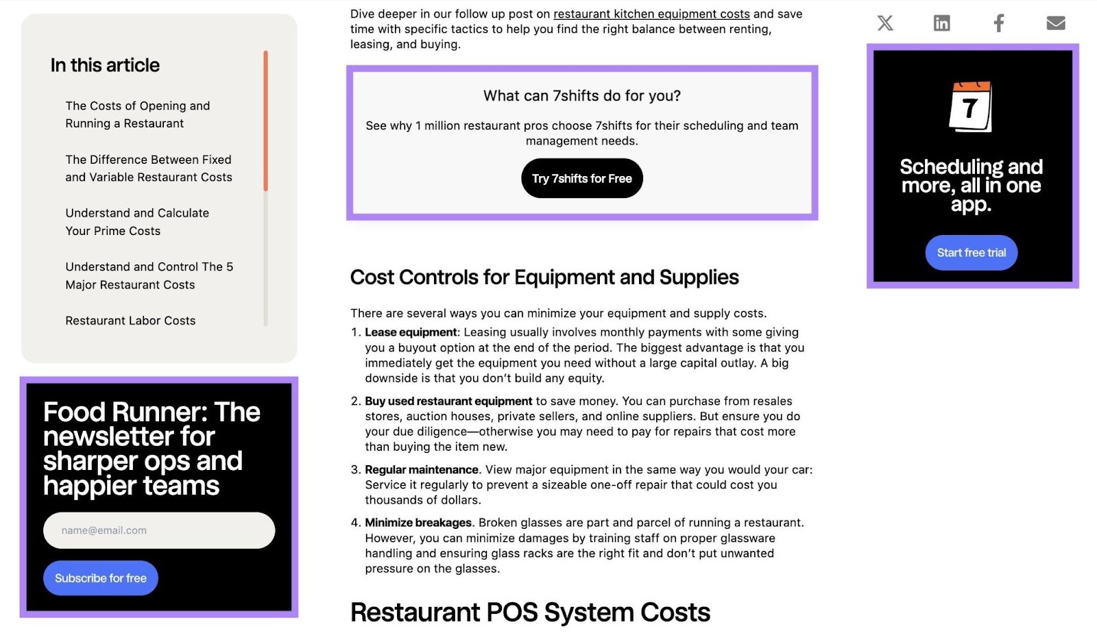 Multiple CTA's for a free trial and one for a newsletter on a pillar page by 7Shifts.