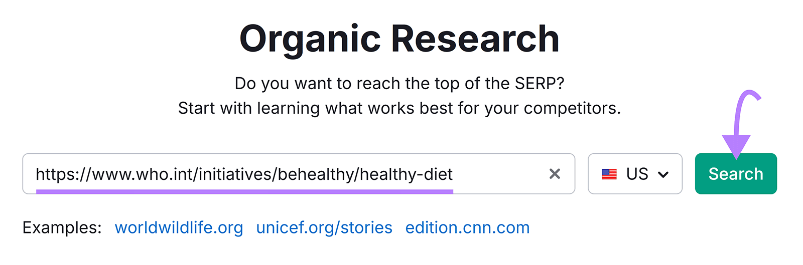 Organic Rankings start with a WHO URL entered, the link underlined, and an arrow pointing to the Search button