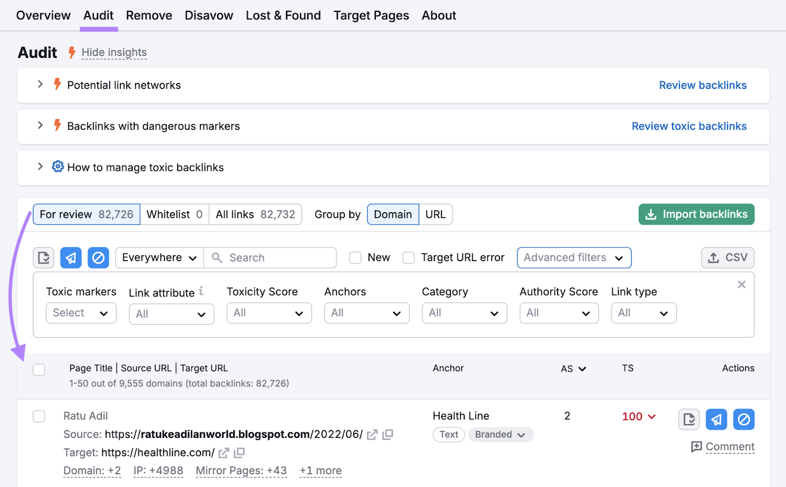 list of backlinks for review sorted by high toxicity score