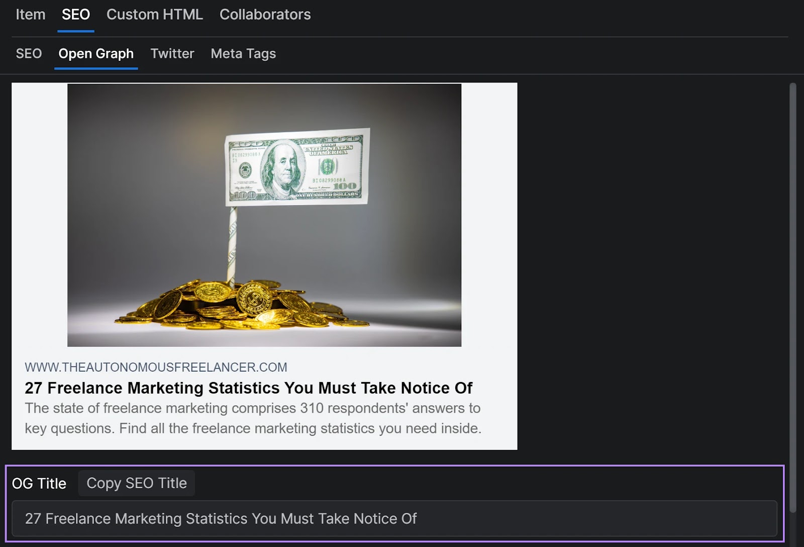 “Open Graph Title” option in the Versoly content management system.