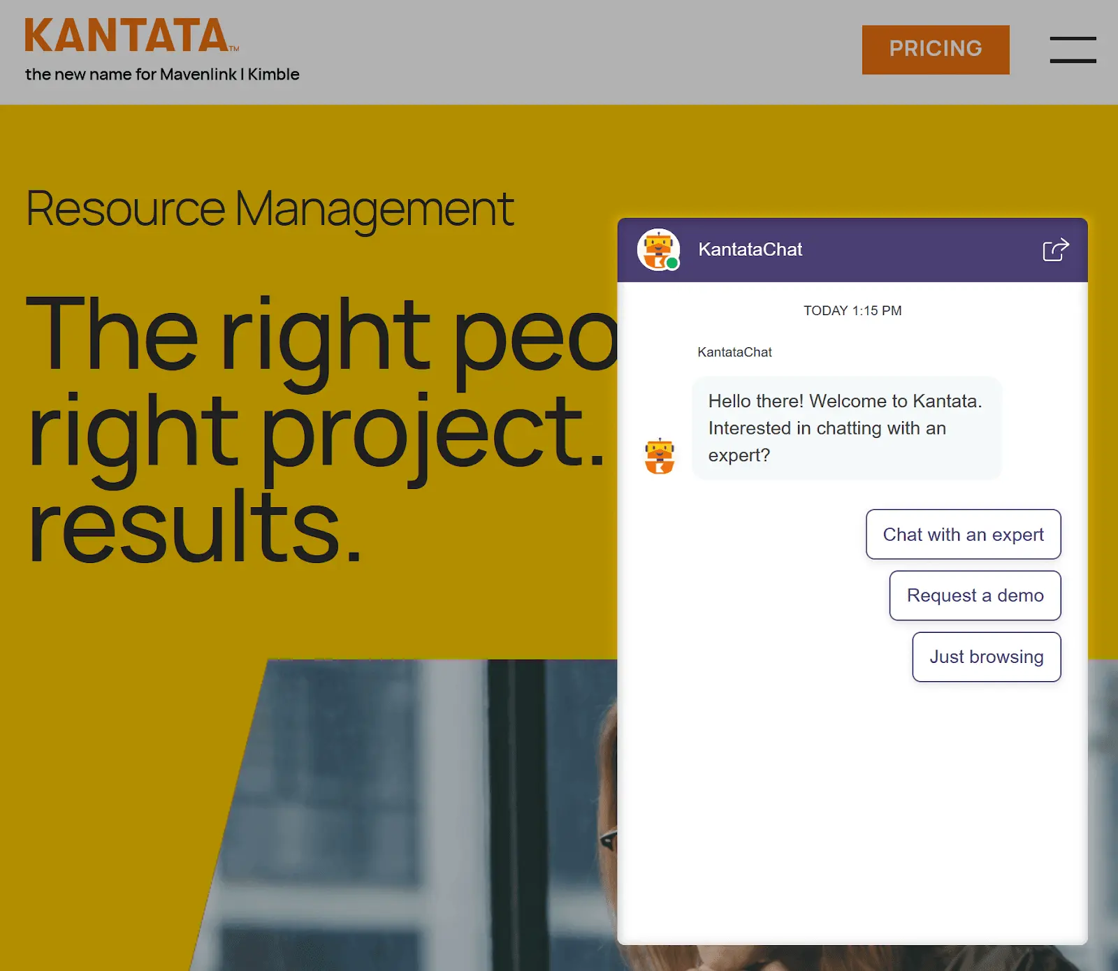 Kantata website with chat pop-up offering options to chat, request demo, or browse