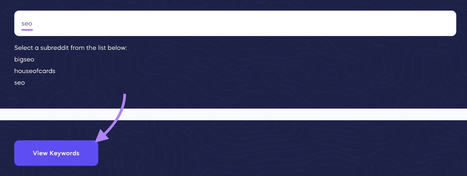 Reddit Keyword Research Tool with "seo" entered as the term and "View Keywords" clicked.