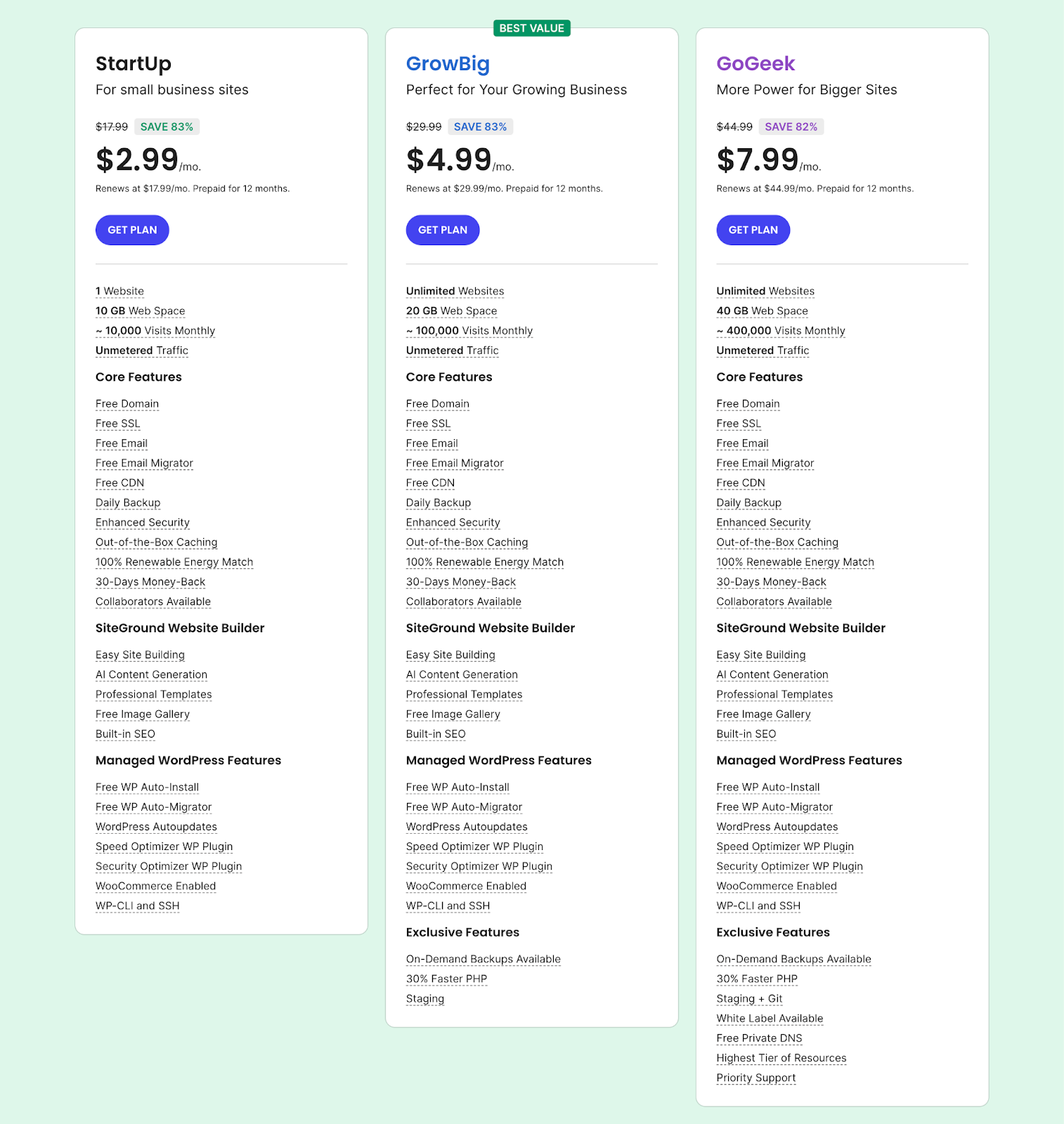 Their plans include Startup, GrowBig, and GoGeek.