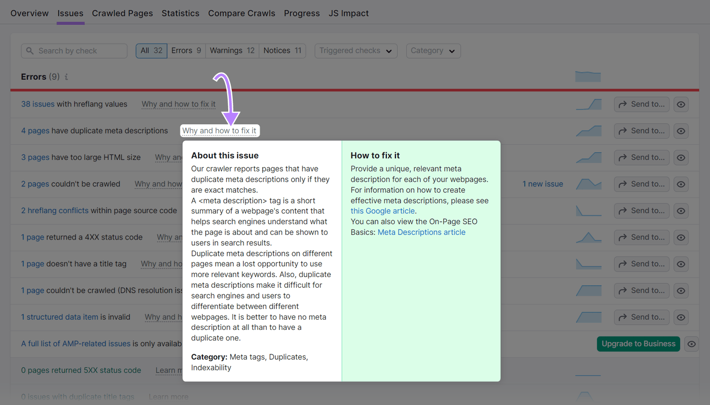 Why and how to fix an issue with duplicate meta descriptions shown in Site Audit tool