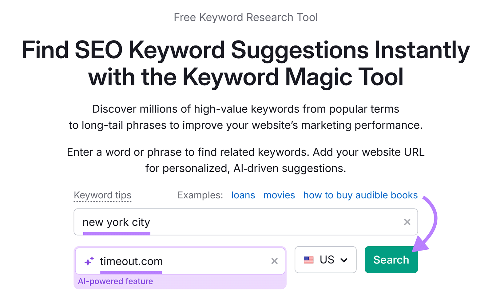 Keyword Magic Tool with query "new york city" and timeout.com entered, arrow pointing to Search button.