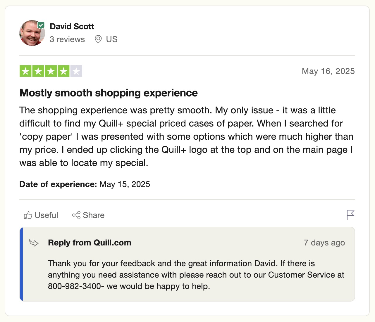 B2B ecommerce business, Quill, responding to a customer review.