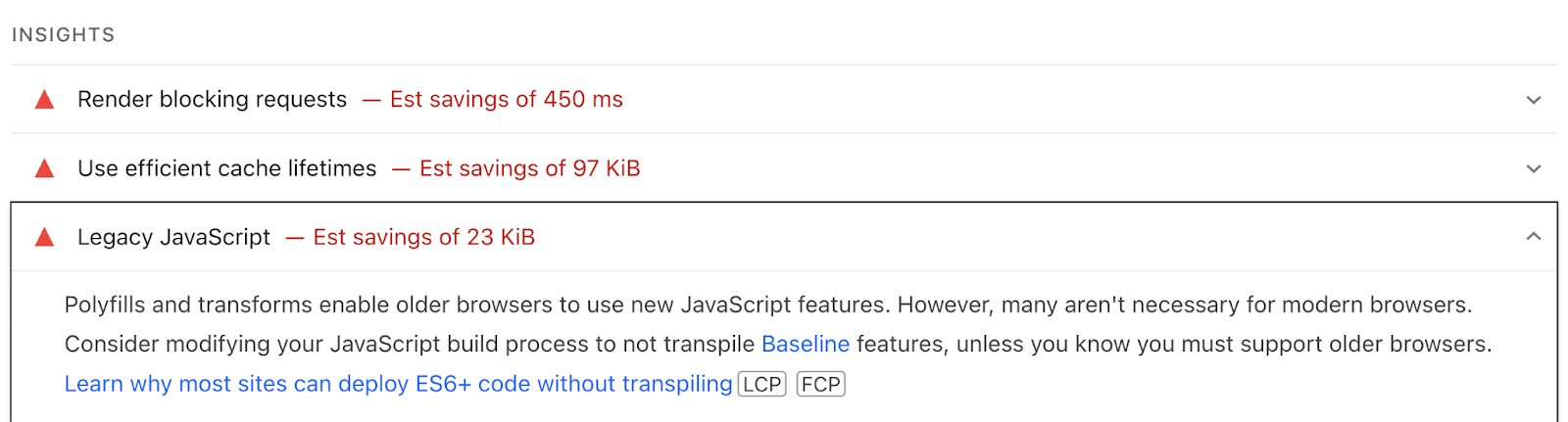 Top issues in this example are render blocker requests, use efficient cache lifetimes, and legacy javascript.
