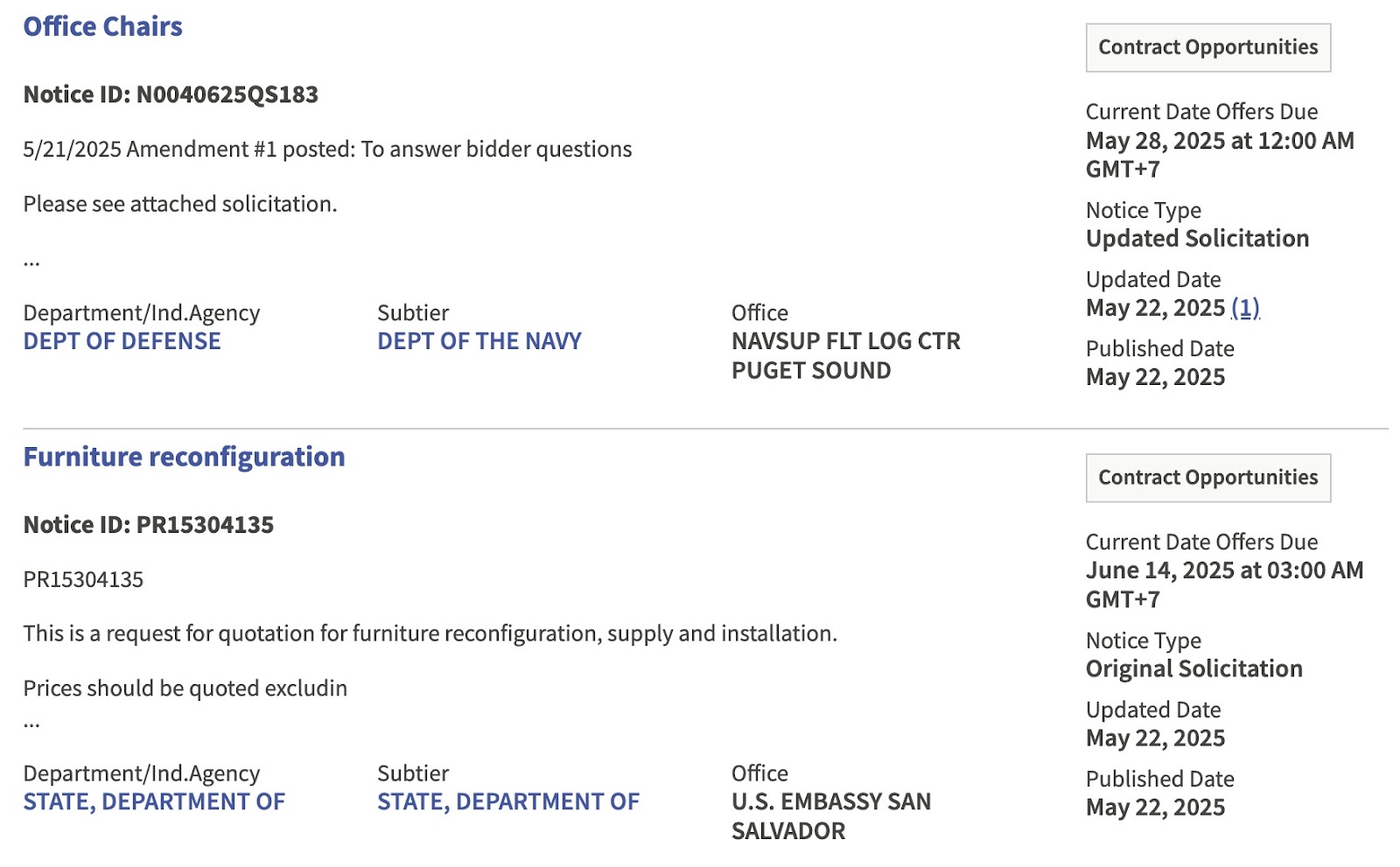 Listings for office furniture with delivery locations, deadlines, and agency contacts on Sam.gov.