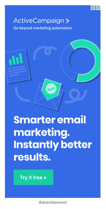 ActiveCampaign display ad promoting email marketing with bold text and a “Try it free” button