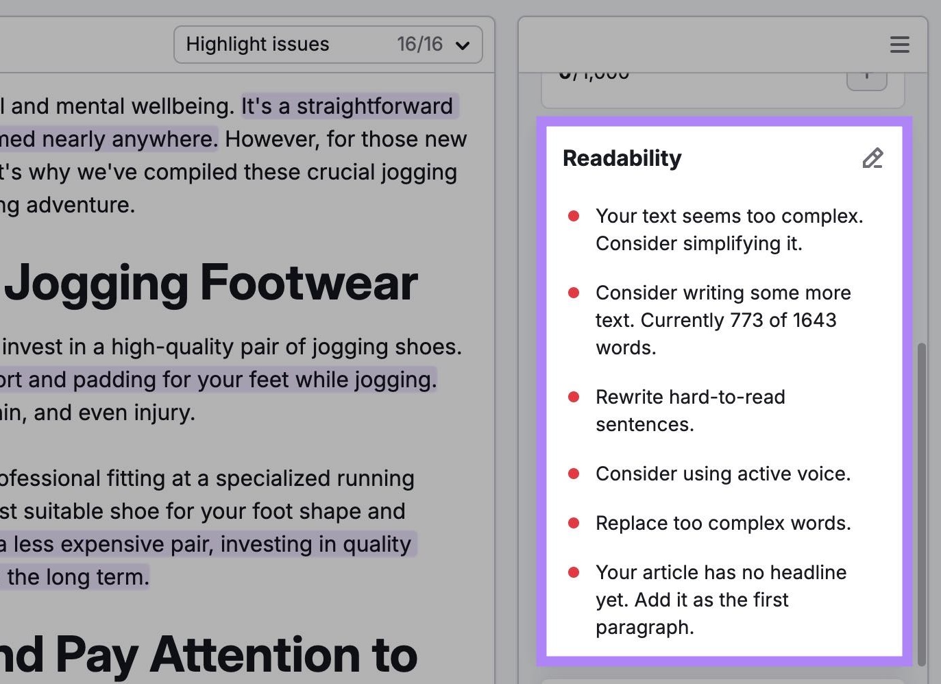 Readability suggestions on SWA including to consider writing more text, rewriting hard sentences, using more active voice, etc.