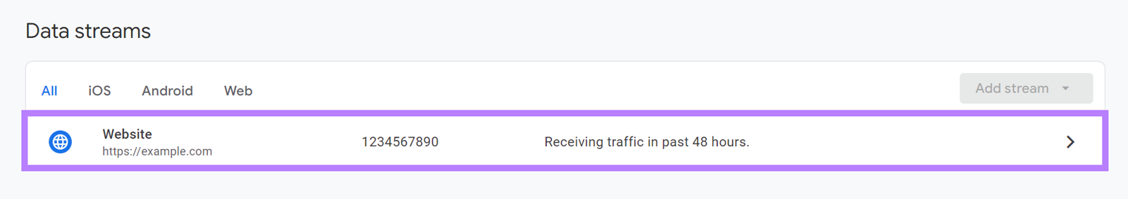 Google Analytics web data stream within the google analytics admin section.