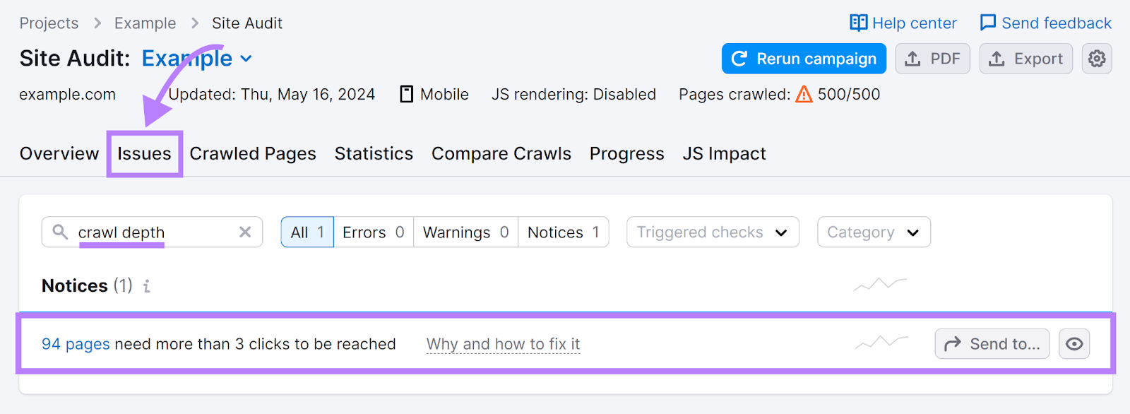 Issues tab selected, 'crawl depth' in search field, and crawl depth notice row highlighted.