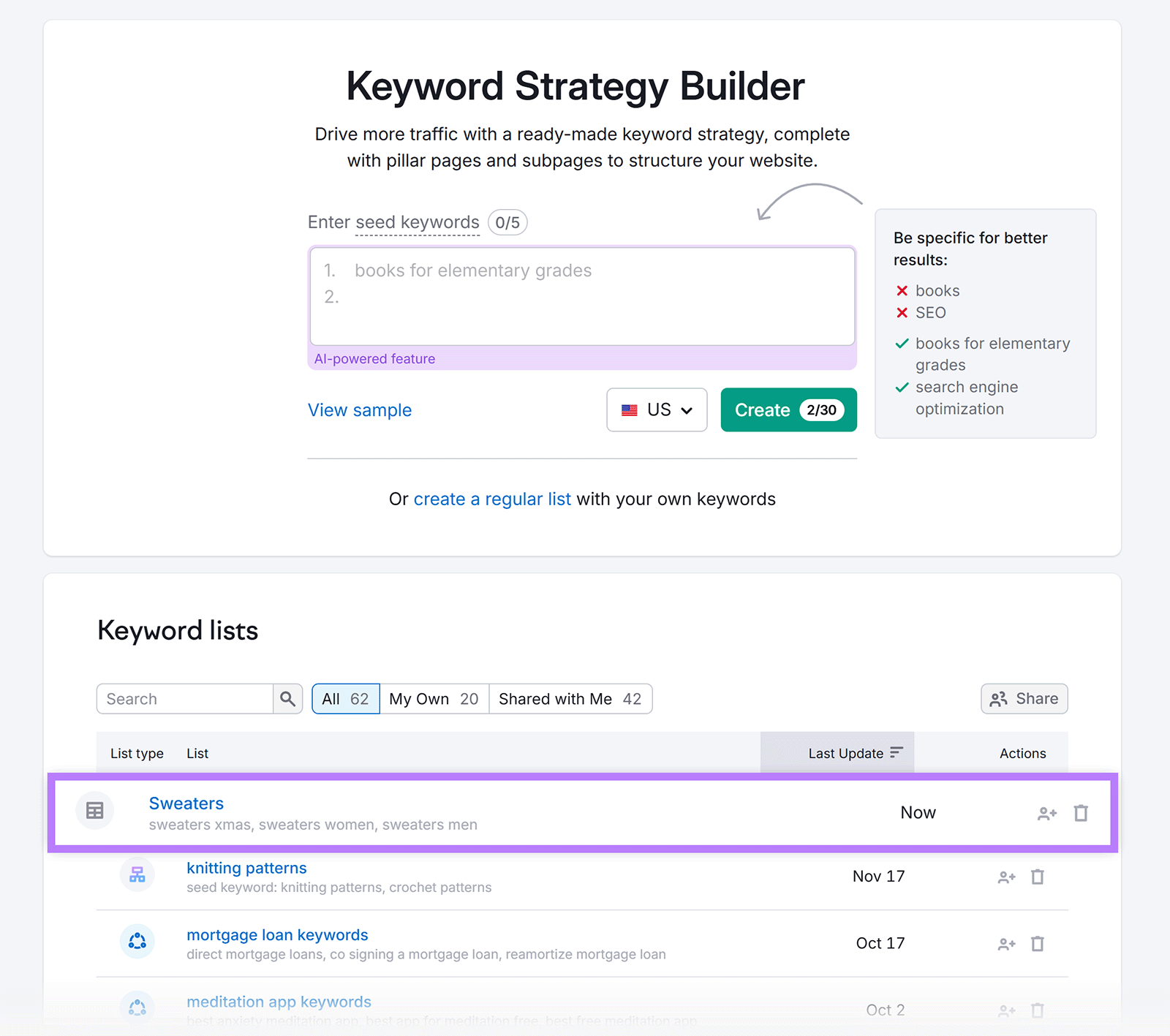 Semrush Keyword Strategy Builder start page with list in Keyword lists section highlighted.