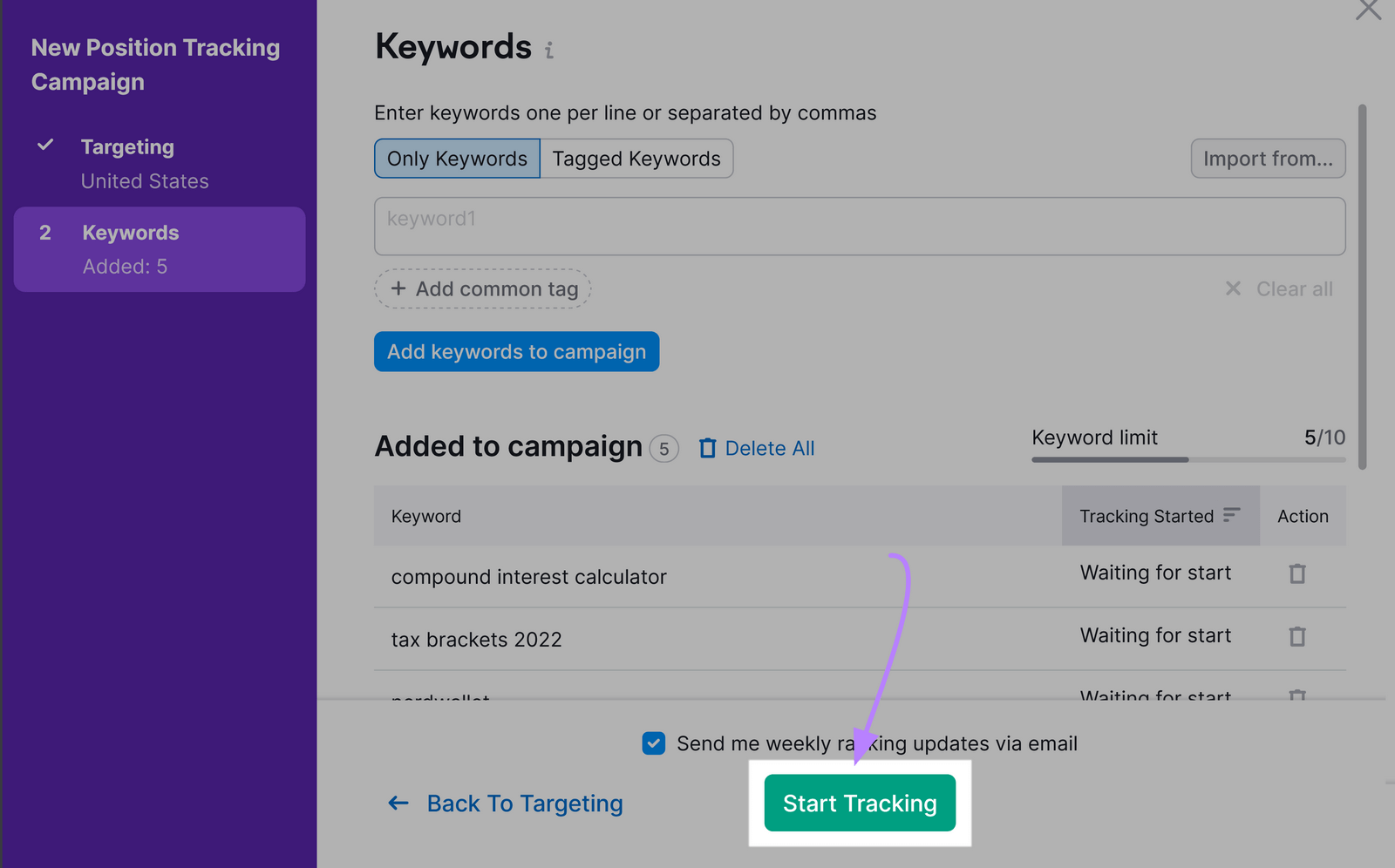 “Start Tracking” button highlighted