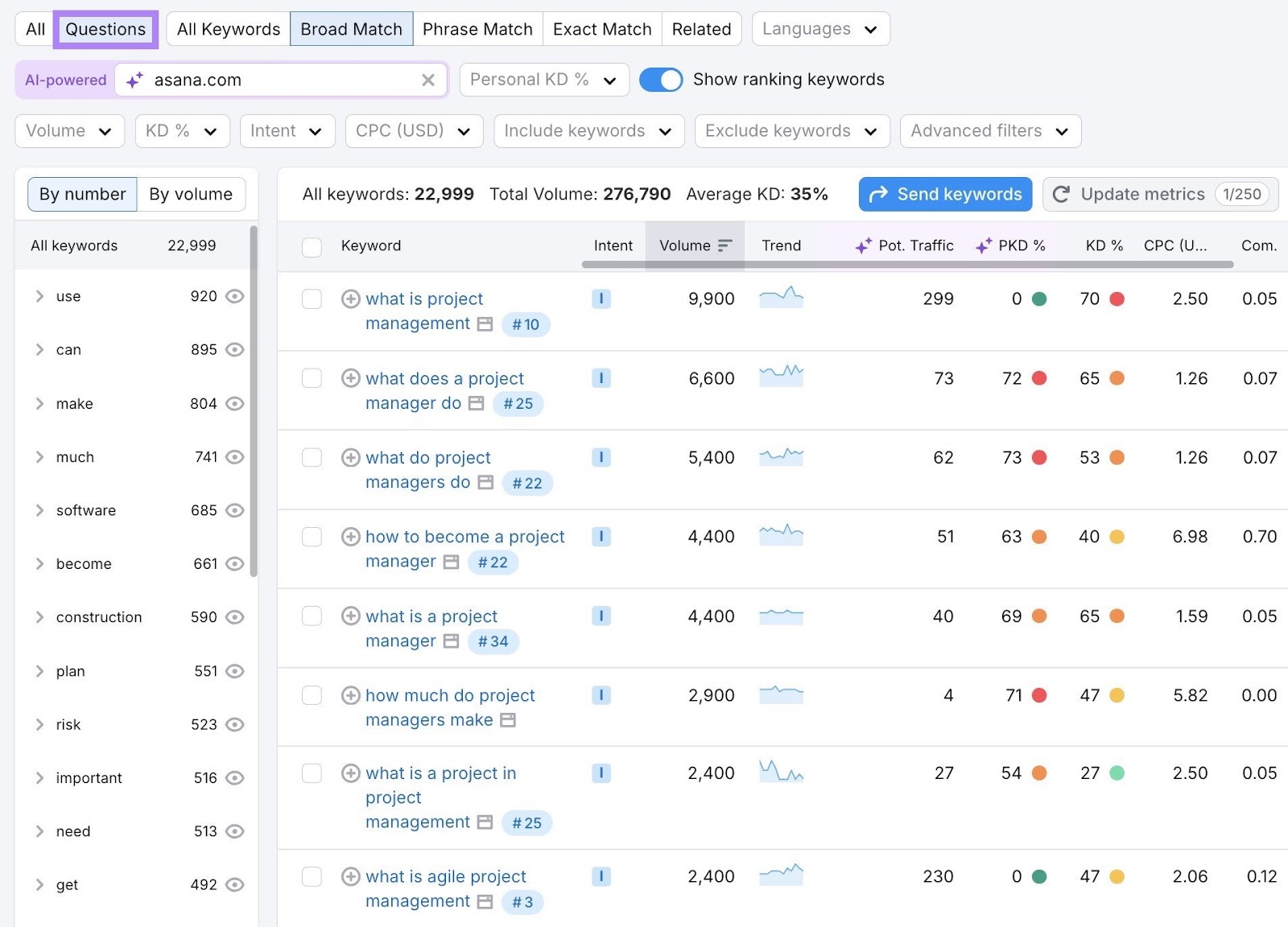 Question-based keyword ideas on the Keyword Magic Tool report.