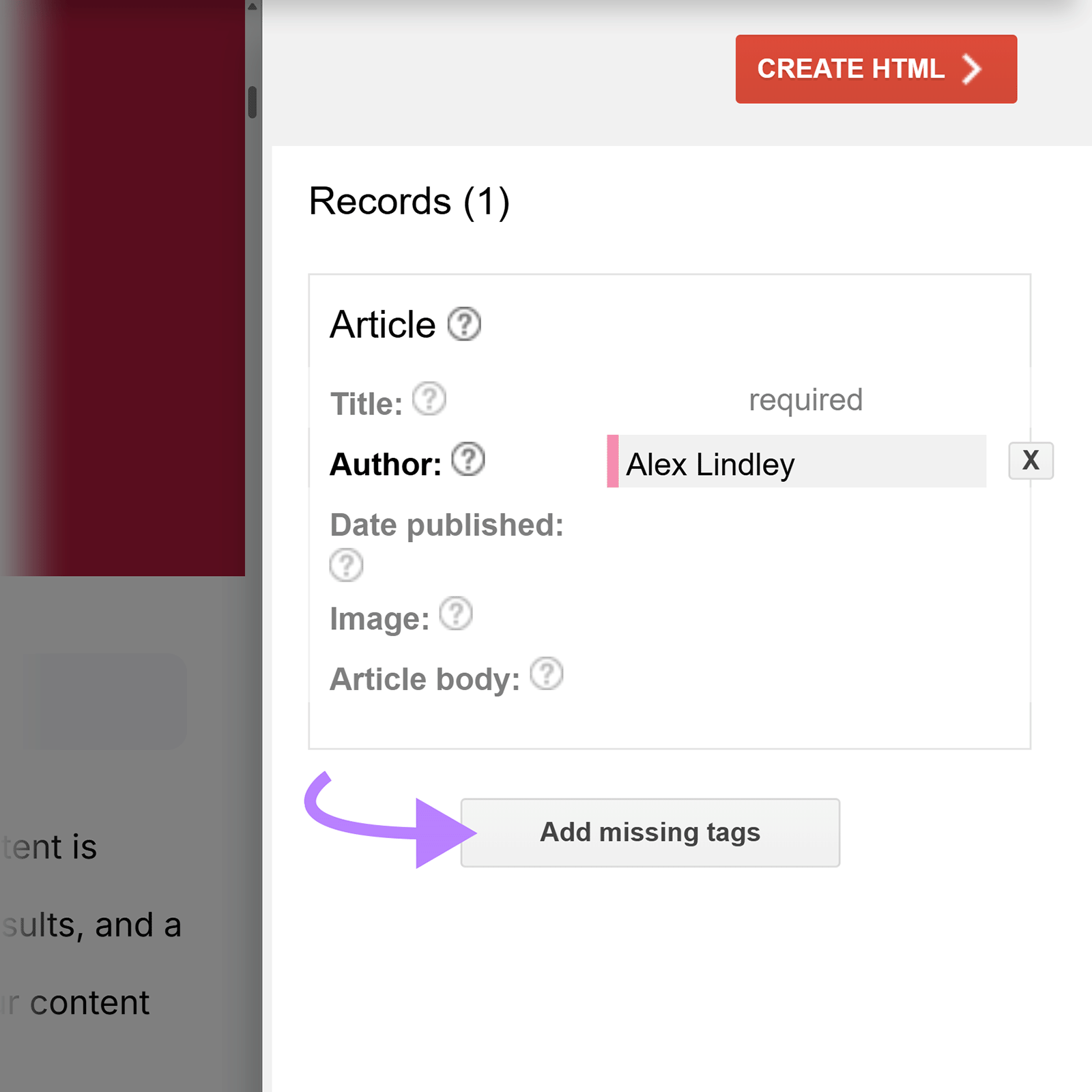 Structured Data Helper record view showing Author field filled with Alex Lindley, arrow pointing to Add missing tags button.