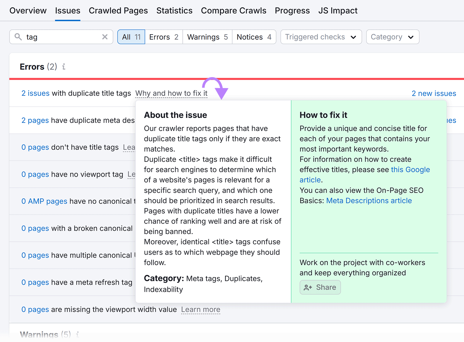 Explanation box open in Semrush Site Audit for duplicate title tag issues, detailing the problem on the left and offering keyword-based title optimization tips on the right.