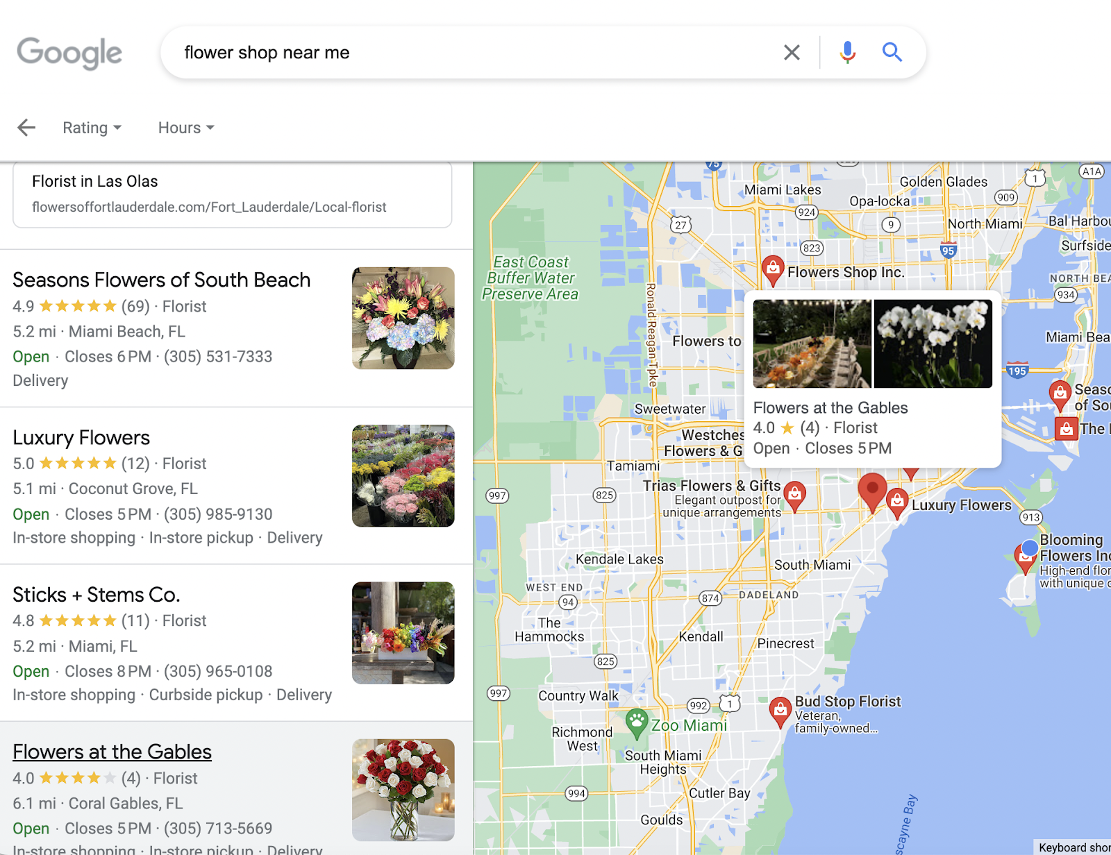 Upon clicking “more places” in the Local Pack, Local Finder highlighted a series of different flower shops near Key Biscayne that were open.