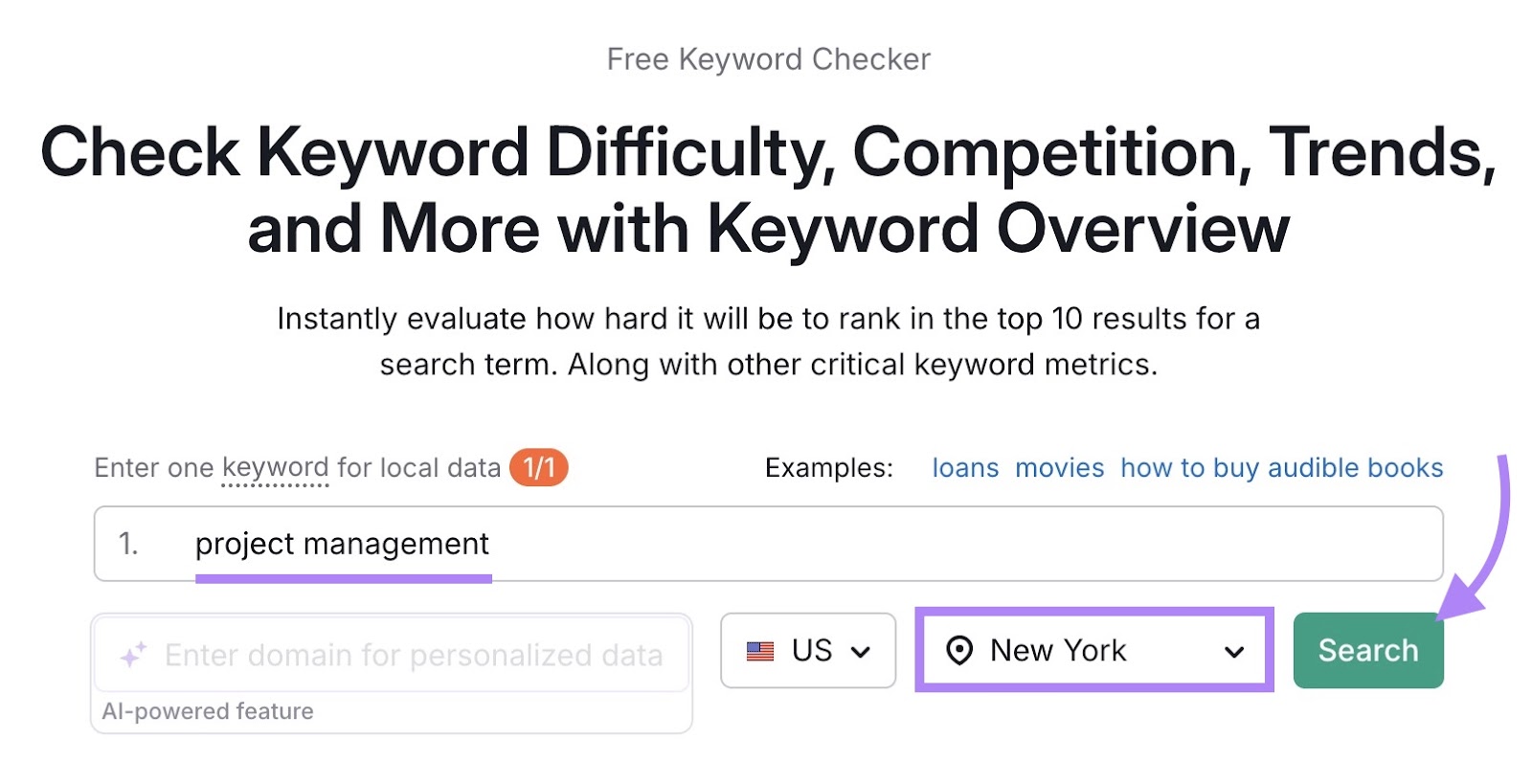 Keyword Overview tool start with "project management" entered as the term, "New York" selected as the location, and "Search" clicked.