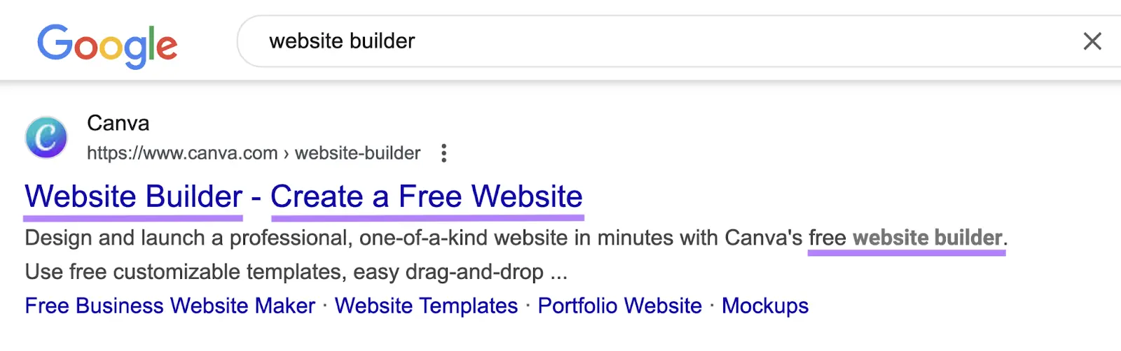 SERP showing Canva using their brand name plus a primary keyword along with multiple secondary keywords in their title tag and meta description.