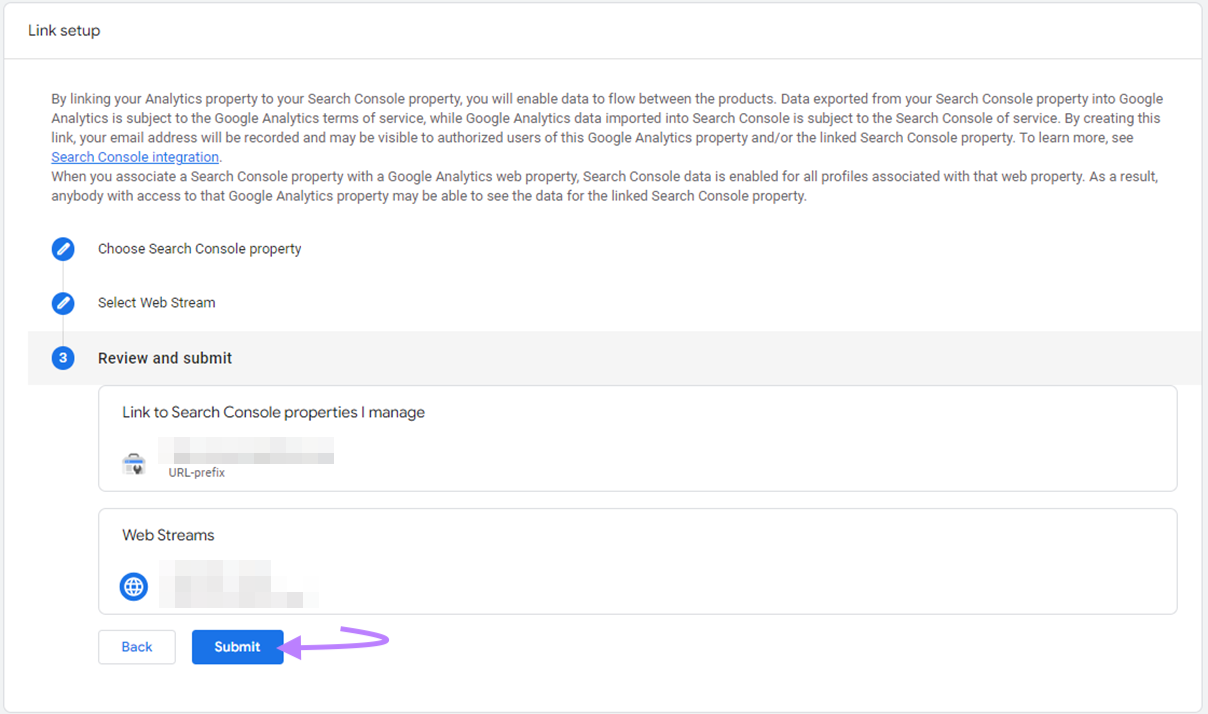 "Submit" button highlighted under the "Link setup" page