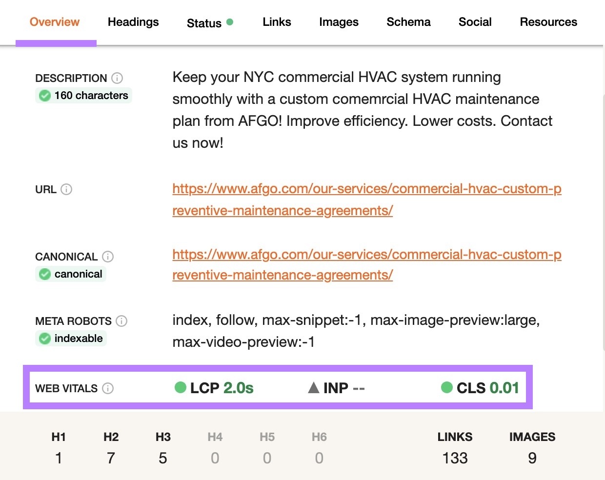 The "Overview" tab on the SEO Pro Extension with the Web Vitals section highlighted.