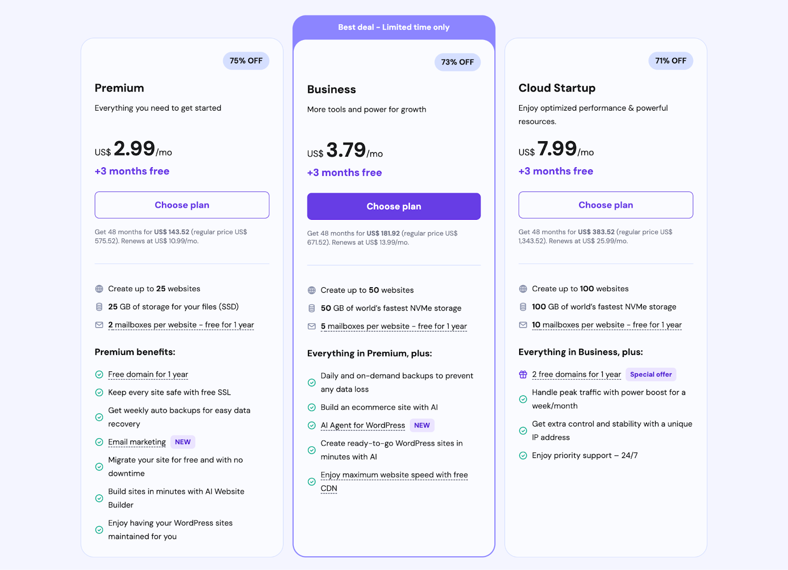 Their plans include Premium, Business, and Cloud Startup.