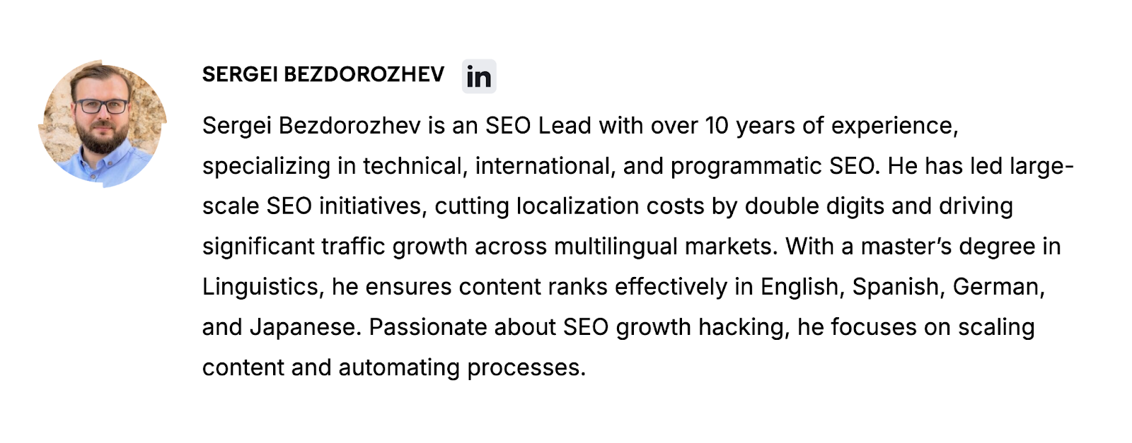 For example, an international SEO lead's author bio includes relevant years of experience, impact on the company, and his education.