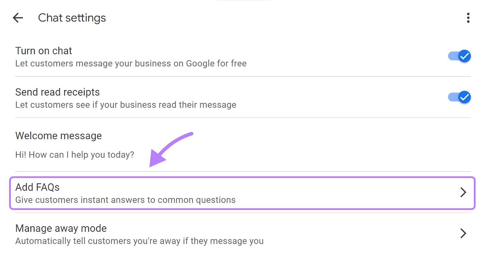 "Add FAQs" option highlighted under "Chat settings" window