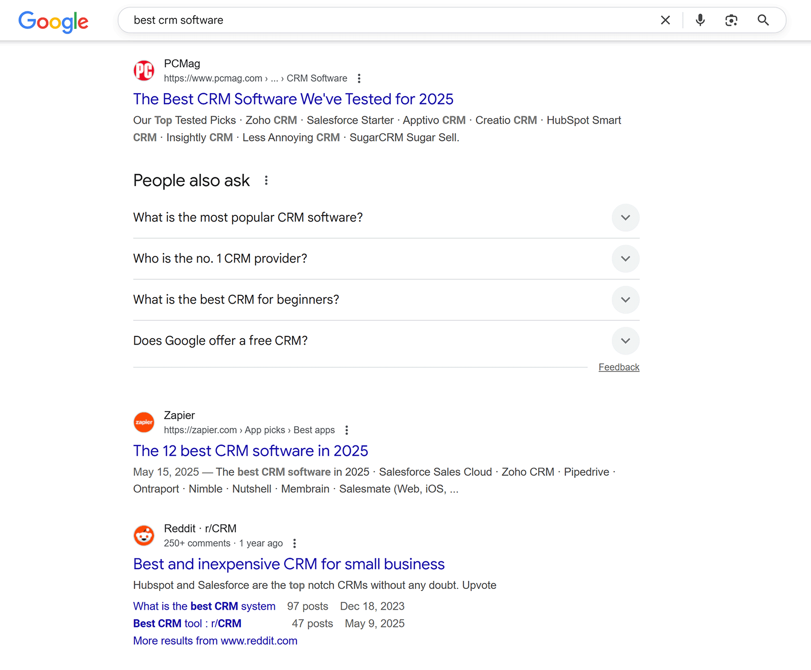Google search results for âbest CRM softwareâ showing featured articles, People also ask box, and ranked listings.