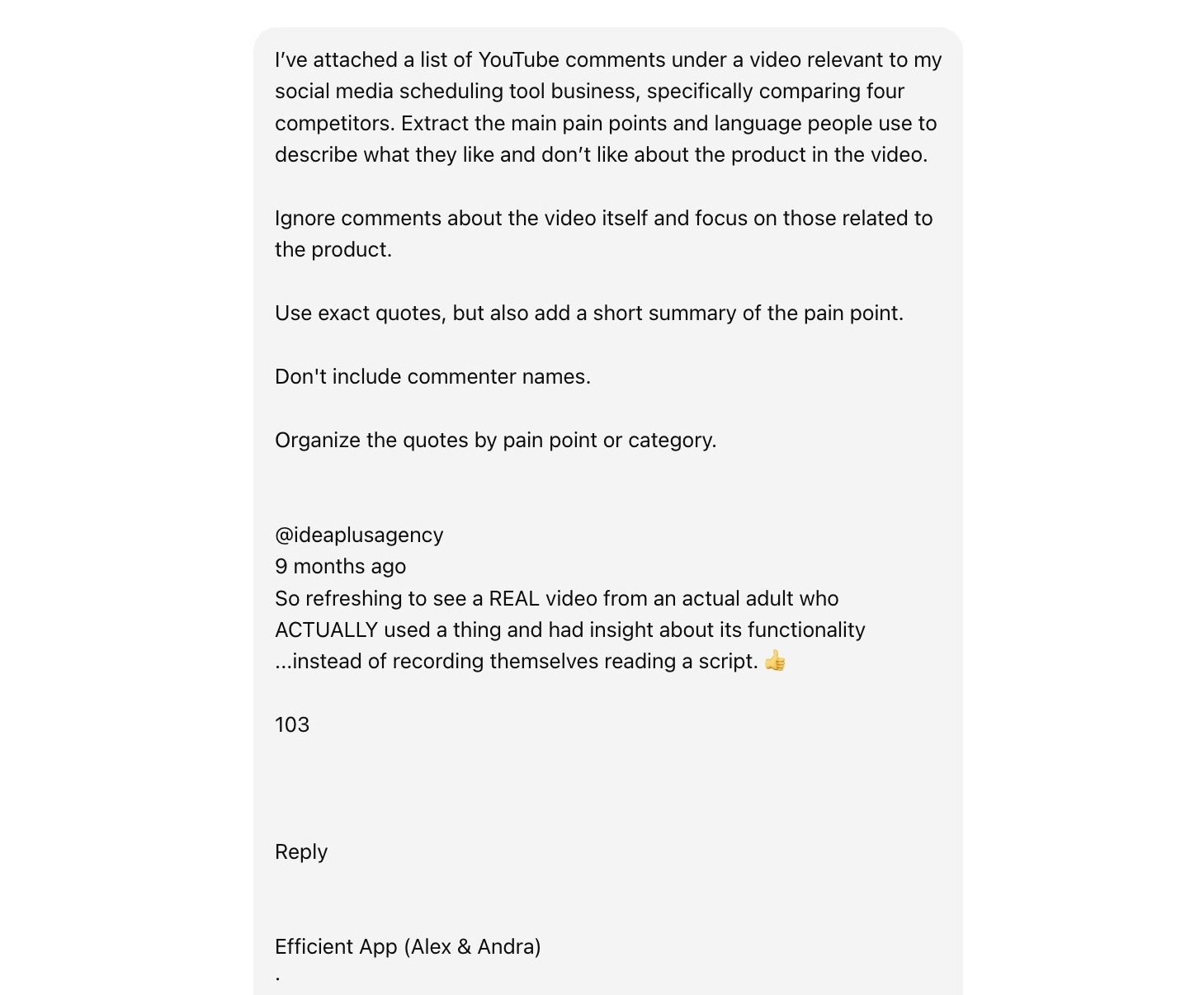 A prompt on ChatGPT to analyze YouTube comments from a competitor's video to extract the main pain points and language used by viewers.