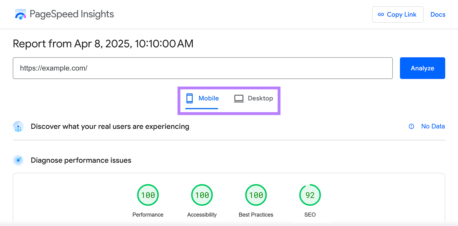 Google PageSpeed Insights interface with the 'Mobile' and 'Desktop' tabs highlighted.