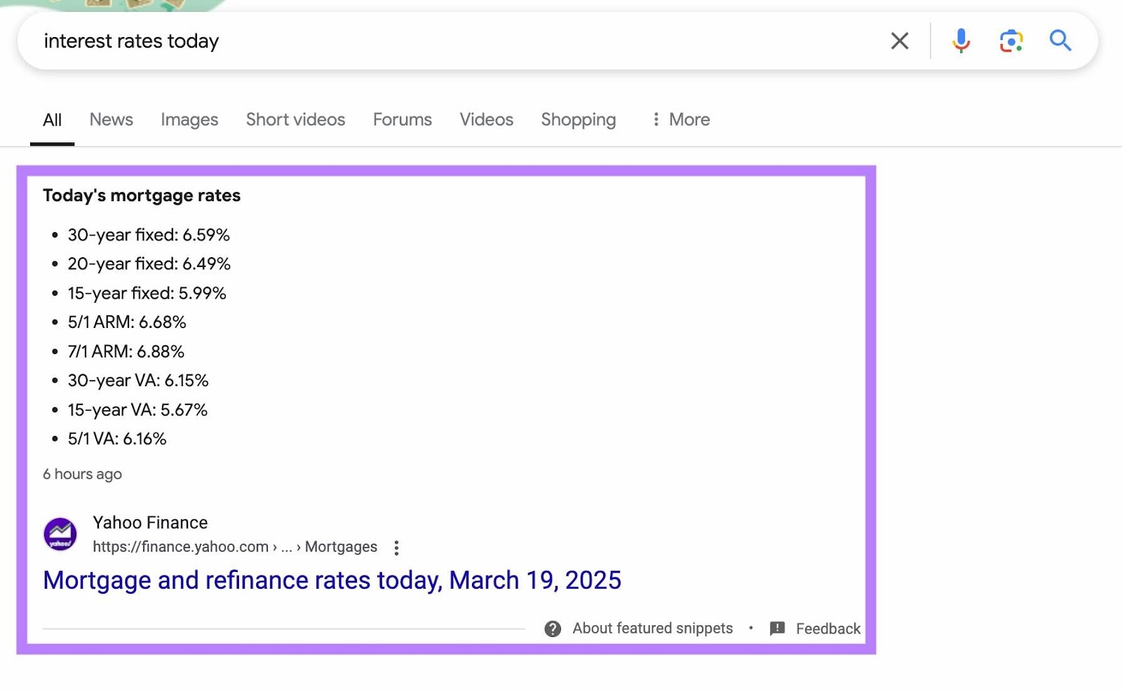 Current featured snippet for a keyword accessed directly from Semrush's Organic Research tool.