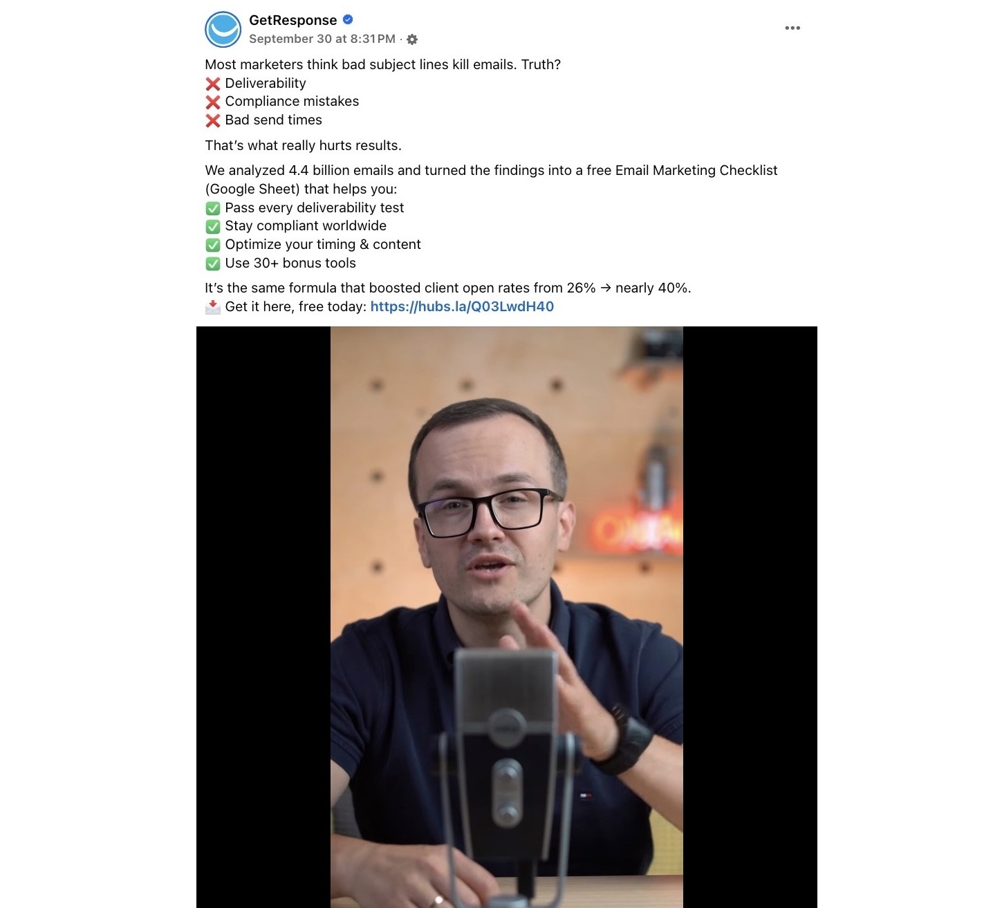 A short-form video on Facebook by GetResponse about what hurts email marketing campaigns.