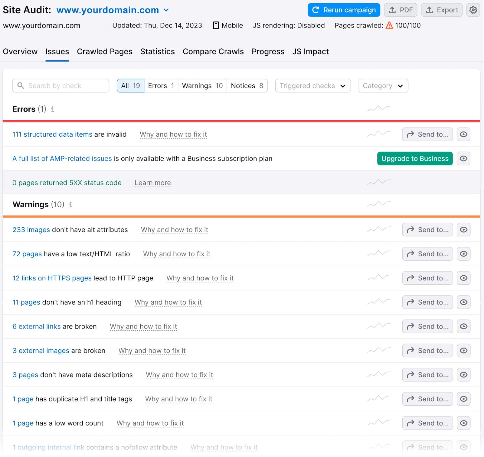 “Issues” report in Site Audit tool