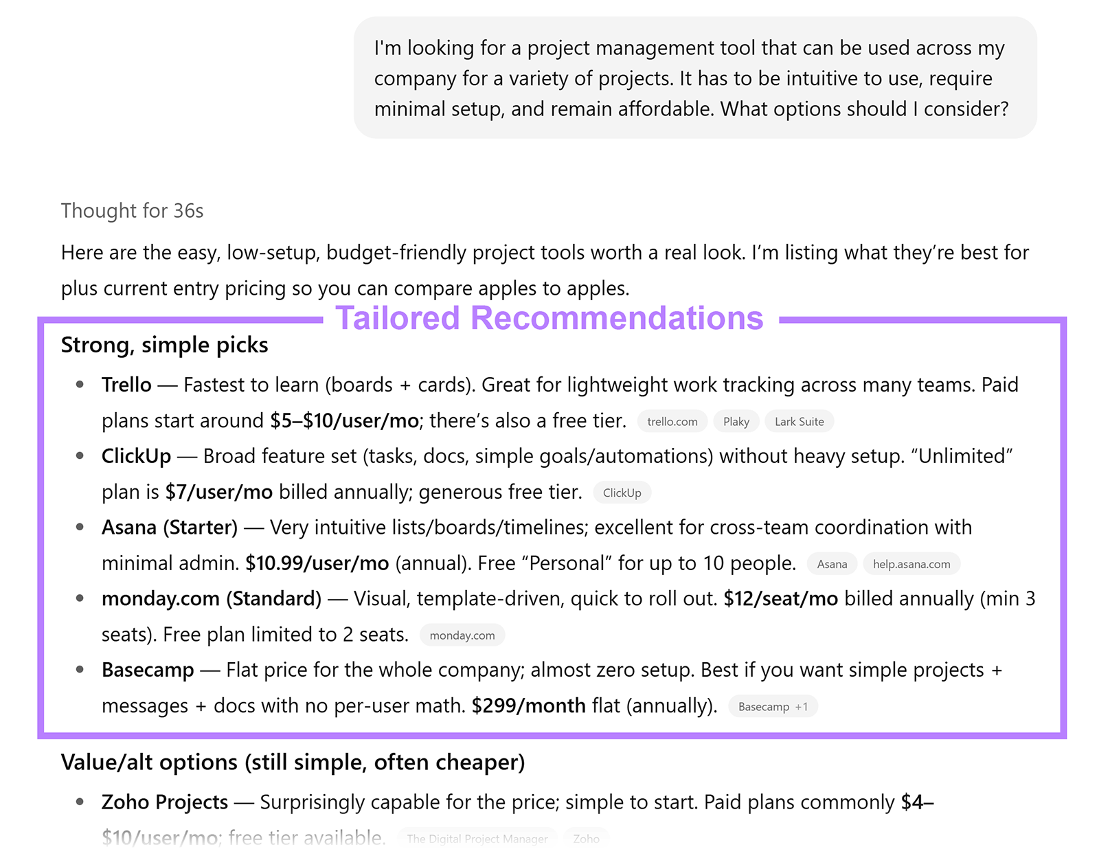 ChatGPT response listing project management tool recommendations with Tailored Recommendations annotated