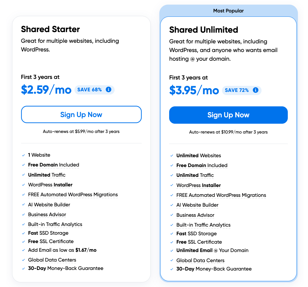 DreamHost's pricing options for a three-year plan are $2.59/month and $3.95/month.