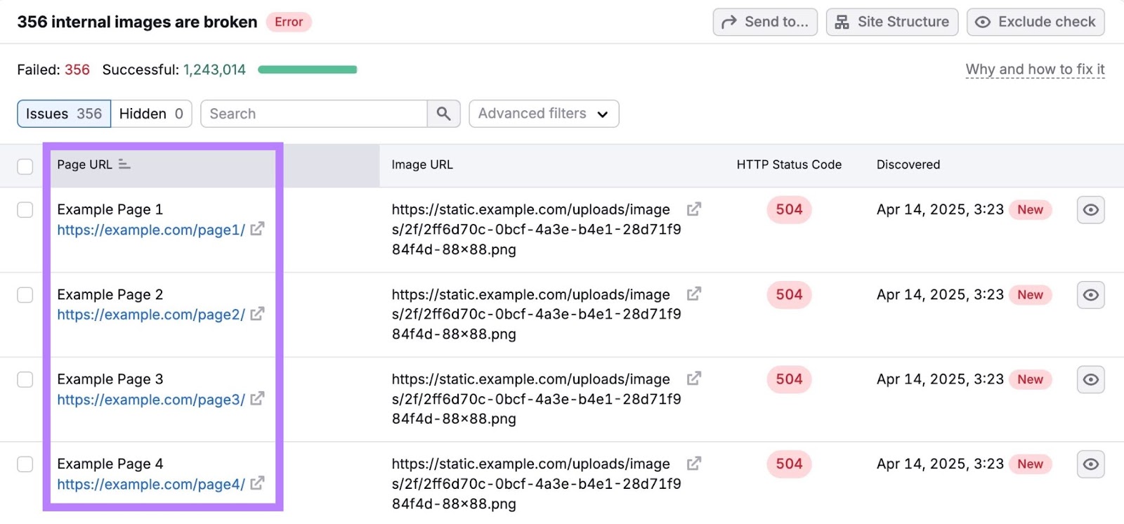 Issues tab on Site Audit showing a list of affected URLs with the same issue.