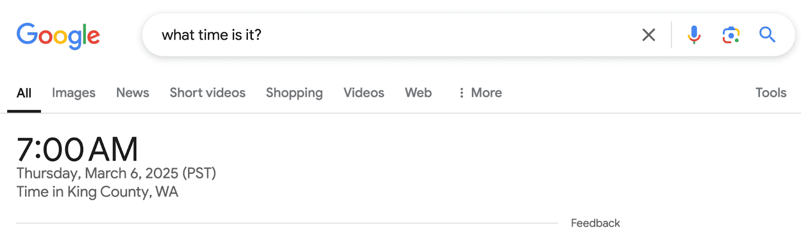 zero-click search results page for "what time is it?" showing that the time right now is 7:00 am