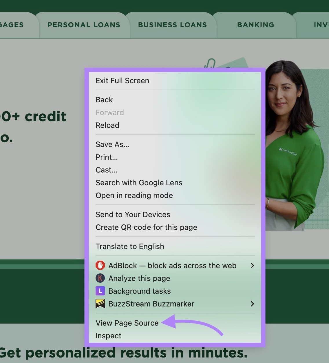 A page opened in a Google Chrome browser, and “View Page Source” selected after clicking the right-click button.